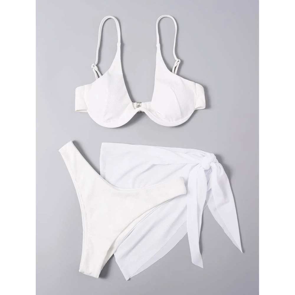 White Ribbed Bikini Swimsuit & Cover Up Bundle Small Top Medium Bottoms